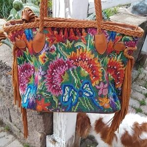 Colorful Handwoven Leather Zipper Fringe Tote Bag